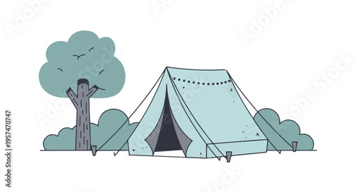 Cute cartoon camping tent with trees and bushes in a natural setting