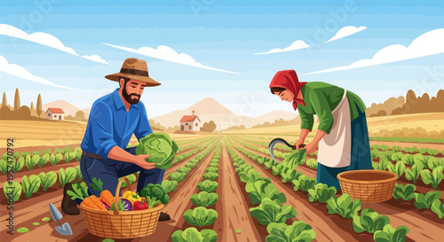 Farmers harvesting fresh vegetables in a vibrant field.