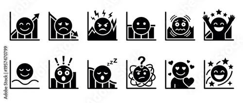 Emotion icons set illustrates various human feelings and reactions with data graphs and charts.