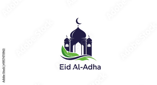 Eid Al-Adha Islamic celebration graphic design with stylized mosque silhouette, crescent moon, and green elements