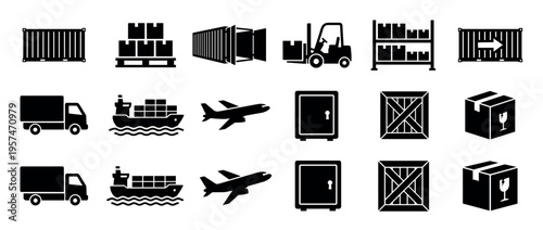 Logistics and shipping icons set featuring various transportation vehicles, storage solutions, and cargo containers for global freight movement.