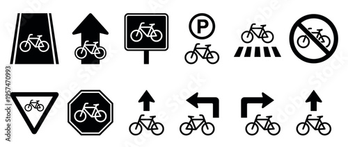 Bicycle road signs and cycling icons collection for traffic, parking, and directional information on routes.
