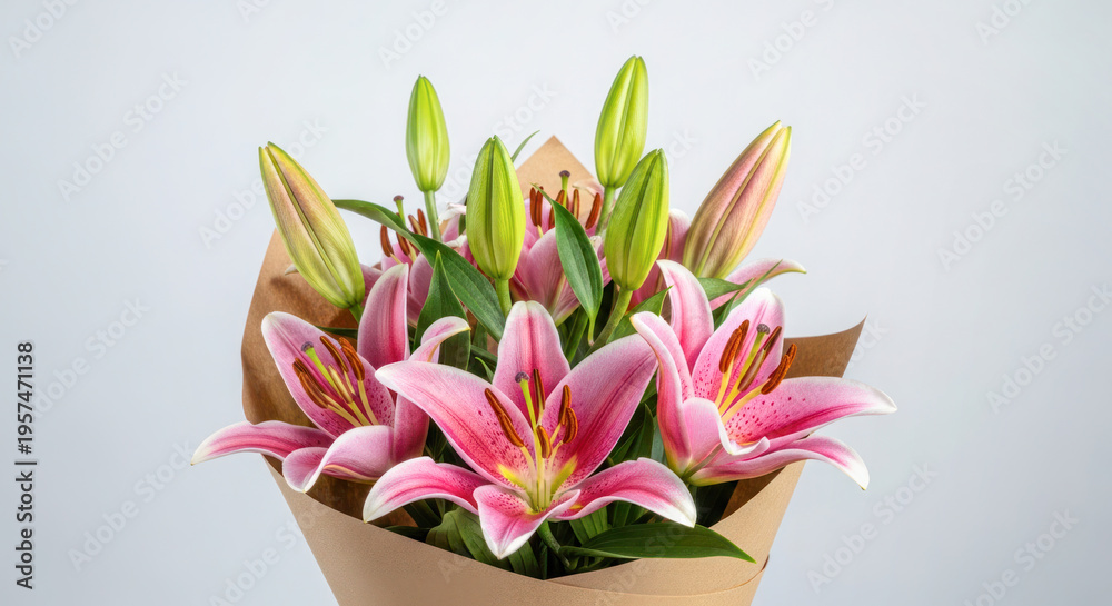 Obraz premium Pink lilies bouquet wrapped in brown paper with green buds, set against a light gray background for floral arrangements and gifting