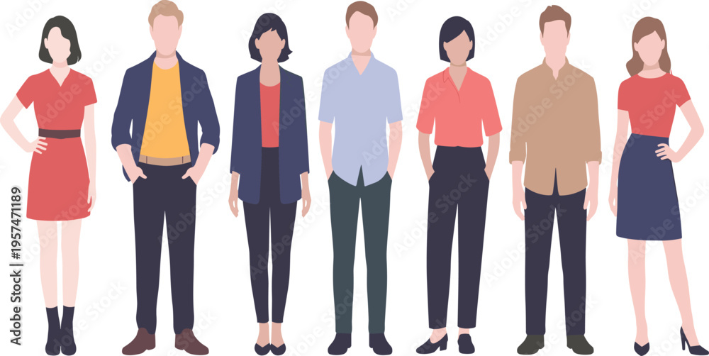 Obraz premium Diverse group of illustrated people standing together, casual and professional outfits, workplace diversity, fashion design, character illustration, teamwork concept