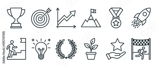 Success achievement growth goal icons set representing business strategy, personal development, innovation, and winning concepts in a modern outline style.