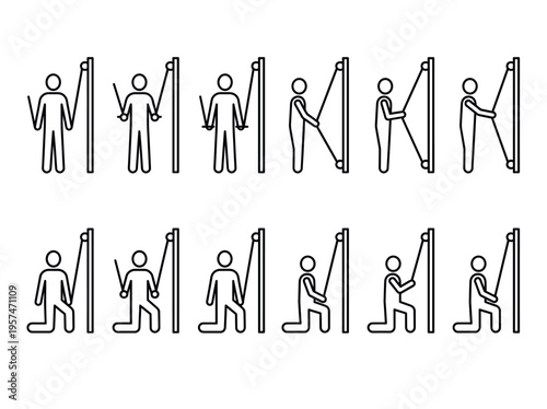 Outline icons of people performing various resistance training exercises with cables or bands for physical fitness and strength.