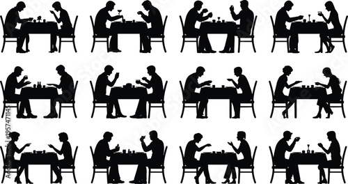 Silhouettes of people playing chess at tables, competitive board game tournament, strategy, concentration, teamwork, intellectual challenge, leisure activity