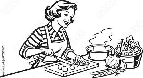 Woman cooking in kitchen vintage engraving retro illustration.
Black and white vintage engraving illustration of a cheerful retro housewife cooking in a kitchen.
