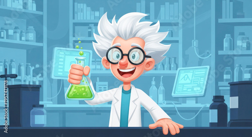 Cartoon scientist with wild white hair holds a green liquid-filled flask in a laboratory filled with scientific equipment and shelves
