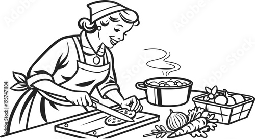 Woman cooking in kitchen vintage engraving retro illustration.
Black and white vintage engraving illustration of a cheerful retro housewife cooking in a kitchen.
