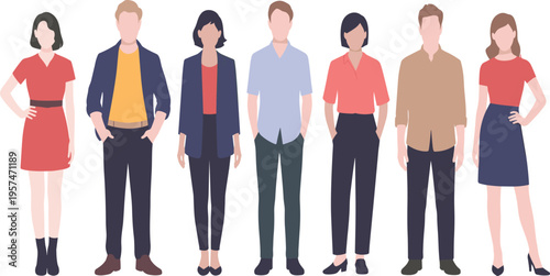 Diverse group of illustrated people standing together, casual and professional outfits, workplace diversity, fashion design, character illustration, teamwork concept