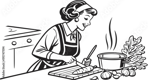 Woman cooking in kitchen vintage engraving retro illustration.
Black and white vintage engraving illustration of a cheerful retro housewife cooking in a kitchen.
