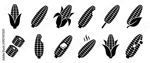 Corn cob icons set featuring various forms like whole, peeled, bitten, hot, and with butter, representing agriculture and food.