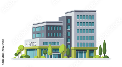 Modern Office Building Complex Flat Design Illustration on White Background