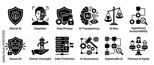 Artificial Intelligence ethics, security, and governance icons illustrating key principles for responsible AI development and implementation.
