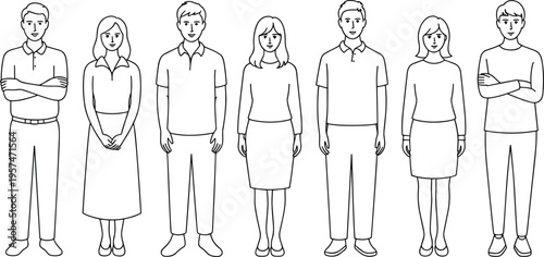 Minimalistic black and white line drawing illustration of diverse group of men and women standing together in row, teamwork concept
