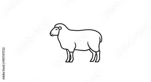 Black and white line art illustration of a sheep standing side view. Simple monochrome farm animal icon or logo design element.