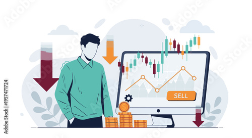 Financial Trading Concept with Market Decline and Man Selling Stocks