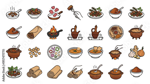 Ethiopian Cuisine Icon Set in Linear Color Style. A collection of Ethiopian food linear icons, including injera, wat, berbere, coffee, jebena, stew, flatbread, garlic, onion, ginger, chickpea