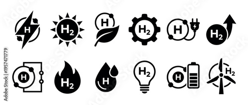 Hydrogen energy concept icons set illustrating various renewable sources, production, and consumption methods for clean power.