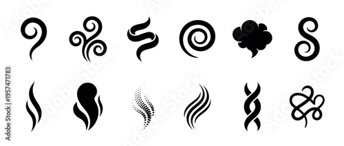 Stylized steam smoke aroma icons collection depicting various abstract swirl and wavy line shapes for design elements.
