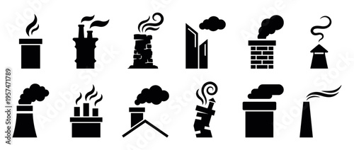 Chimney smokestack smoke pollution icons set featuring various industrial and residential chimney designs emitting fumes and steam, representing environmental concerns.