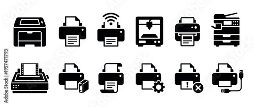 Printer icons set showing various types of printing devices, including laser, inkjet, 3D, and multifunction printers, along with related functions and errors.