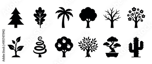 Various tree plant icons silhouette collection showcasing diverse natural flora from evergreen to fruit trees and desert plants.