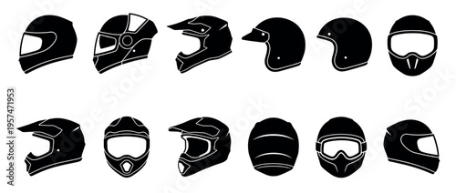 Motorcycle helmets collection showcasing various styles of protective headgear for riders and sports activities.