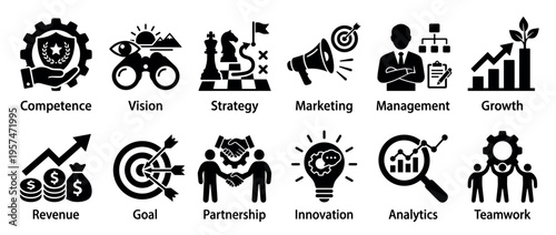 Business concept icons set illustrating various aspects of corporate strategy, management, marketing, and growth for professional development.