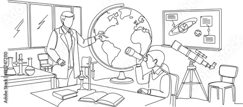 children in science classroom with globe and telescope