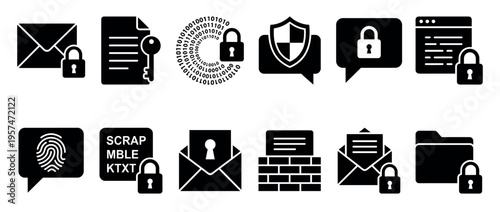 Data security icons collection featuring digital protection, encryption, privacy, and secure communication symbols for internet safety concepts.