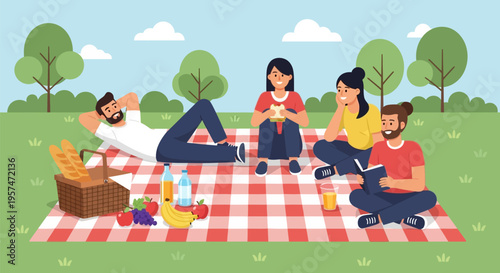 Friends enjoying a relaxing picnic outdoors on a checkered blanket.