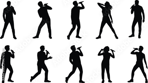 Silhouette singers performing with microphones, dynamic poses, expressive stage presence, music concert illustration, entertainment vector art, vocal performance icons