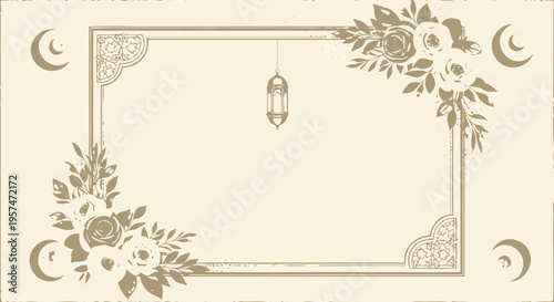 Elegant Islamic Background with Floral Frame, Crescent Moon, and Lantern for Ramadan Eid Greeting Card Template