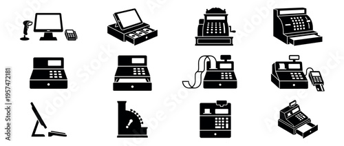 Cash register and POS system icons set representing various retail payment and transaction equipment for business.