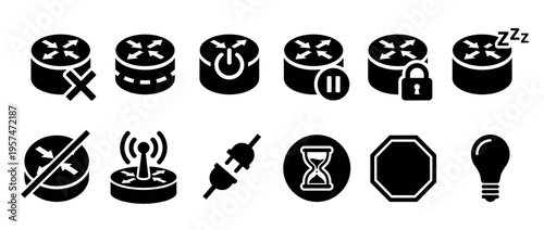Collection of network router and internet connection icons representing various states and functions for digital communication.