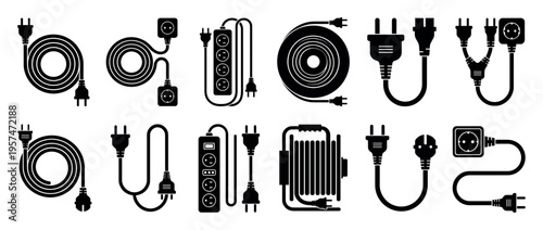 Collection of various electrical plugs, power cords, extension cables, and multi-socket power strips for household and industrial use.