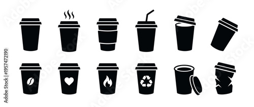 Disposable coffee cups vector icon set featuring various designs for hot and cold beverages, including steaming, open, and recycled options.