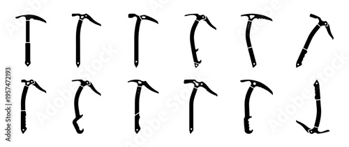 Ice axes collection for mountaineering and climbing, featuring various designs and shapes for extreme sports and winter adventures.