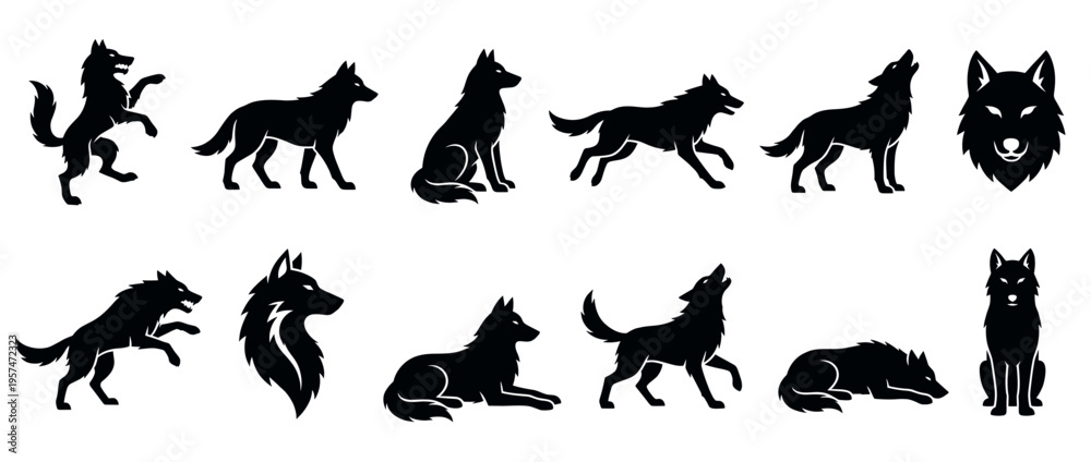 Obraz premium Wolf silhouettes collection featuring various dynamic poses, including howling, running, sitting, and a detailed head portrait.