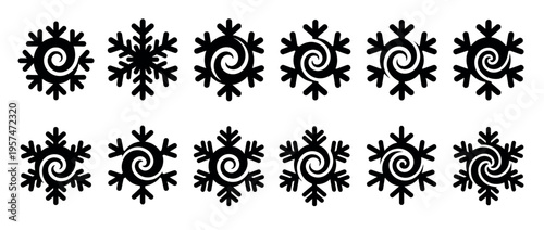 Snowflakes winter symbols collection with various decorative spiral and traditional shapes for seasonal design and festive projects.