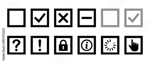 Collection of essential user interface icons and symbols including checkboxes, question marks, and security locks for web design and application development.