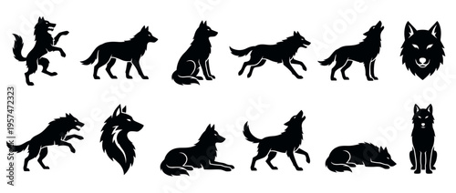Wolf silhouettes collection featuring various dynamic poses, including howling, running, sitting, and a detailed head portrait.