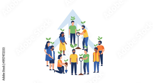 Diverse Group Collaborates to Cultivate Growth, Nurture New Ideas, and Achieve Sustainable Success, Symbolized by Sprouts and an Upward Arrow