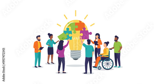 Diverse Team Collaboration: Building Idea Lightbulb with Puzzle Pieces - Innovation, Creative Solutions & Inclusive Problem Solving