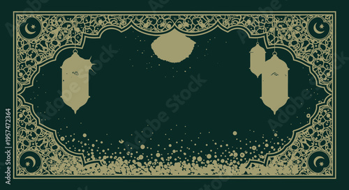 Elegant Islamic ornate background for Ramadan, Eid al-Fitr, or cultural celebrations, featuring crescent moons, lanterns, and golden arabesque patterns.
