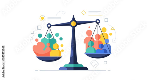 Social Equity and Demographic Balance: Diverse People Figures on a Weighing Scale Illustration