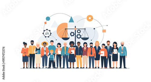 Diverse Community & Justice System Illustration. Group of people representing equality, law, and human rights with legal scales.