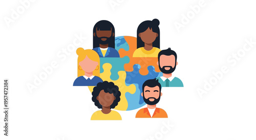 Global Diversity and Inclusion: People of Different Backgrounds United Around a Puzzle Earth Illustration
